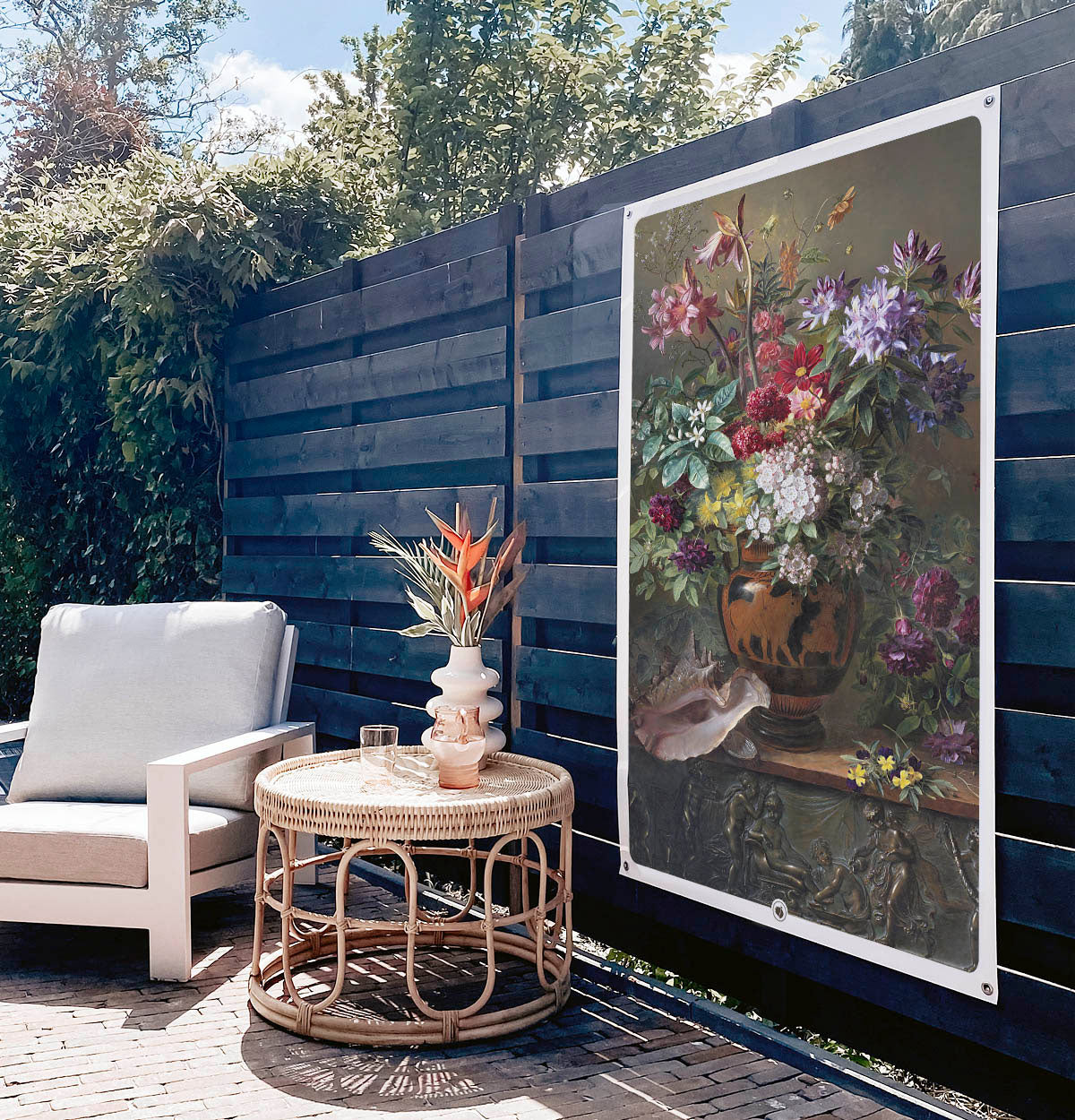 Vierkante poster met schildering van Stilleven met bloemen in een Griekse vaas