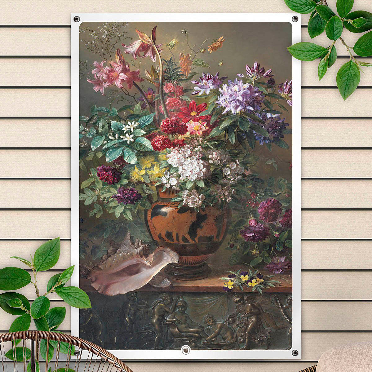 Vierkante poster met schildering van Stilleven met bloemen in een Griekse vaas