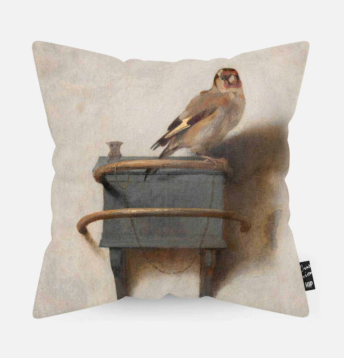 Kussen met schilderij het Puttertje van een vogel erop afgebeeld.