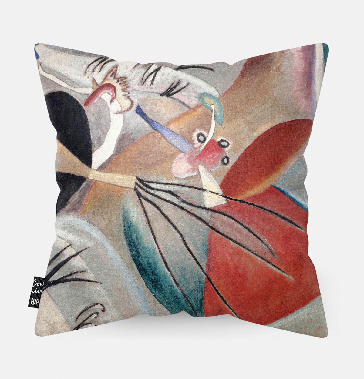 Kussen met moderne kunst erop afgebeeld.