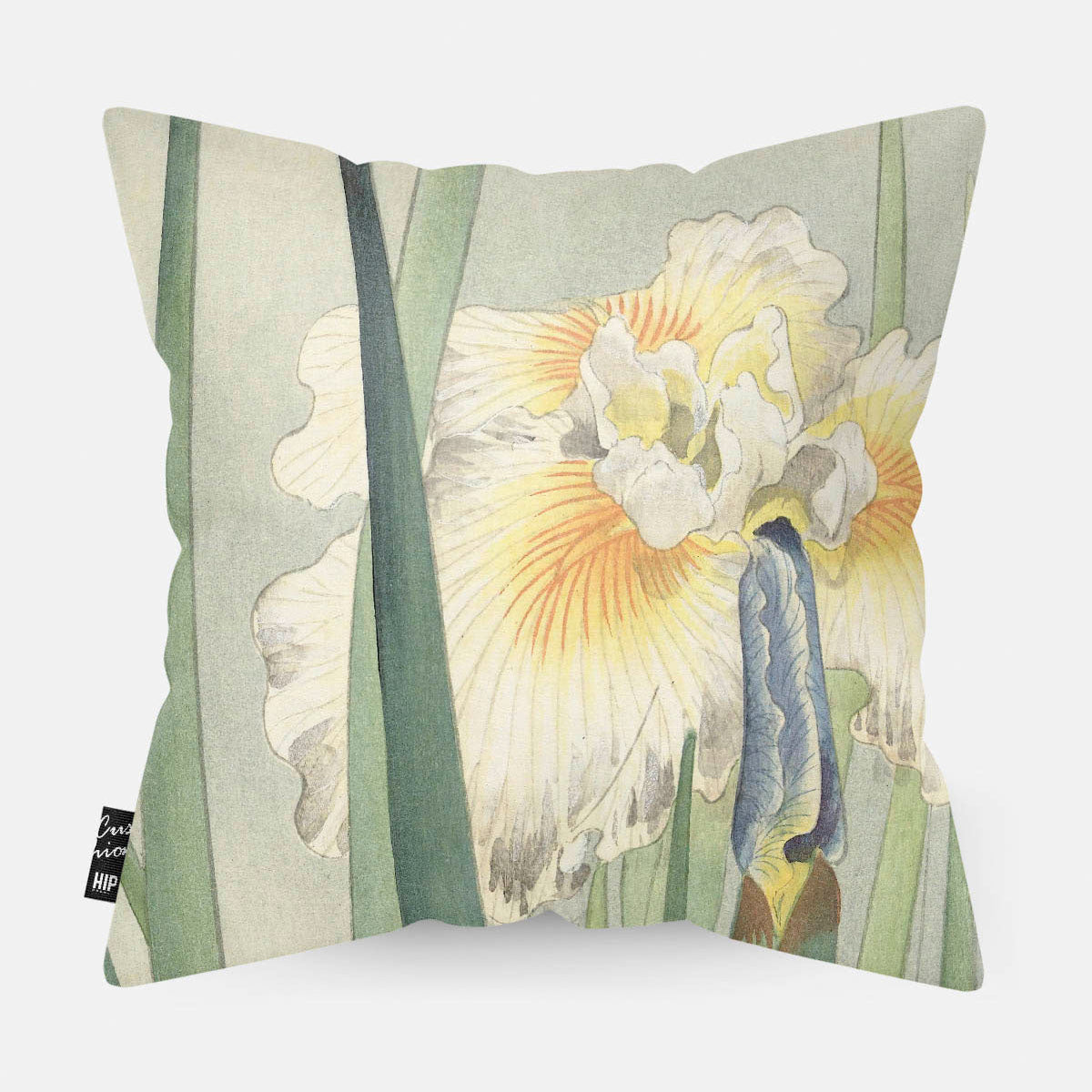 Kussen met de bloem van de Iris erop afgebeeld.