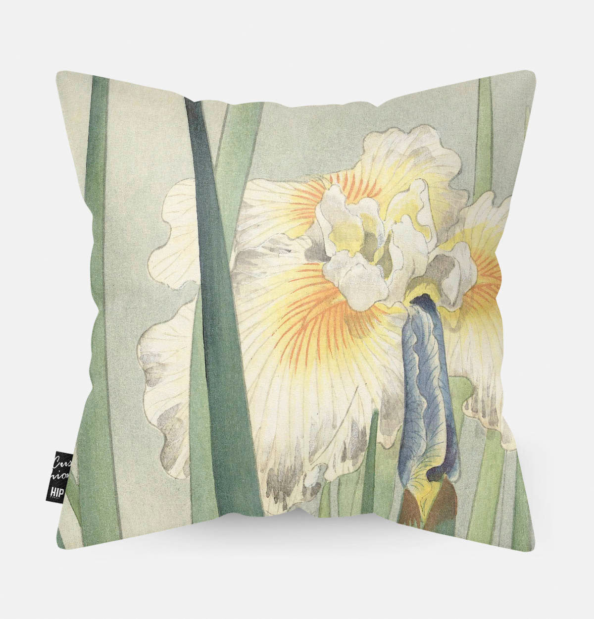 Kussen met de bloem van de Iris erop afgebeeld.