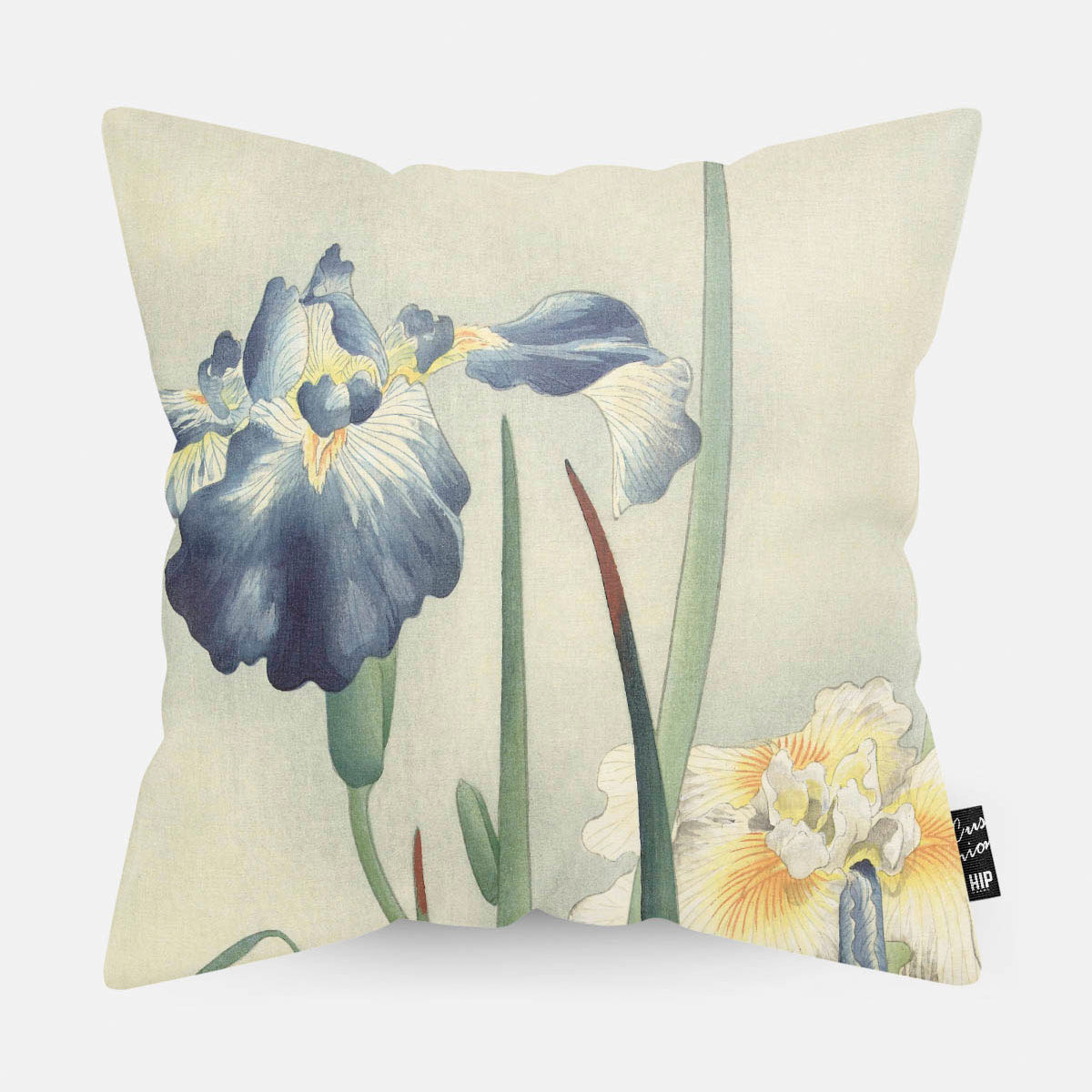 Kussen met de bloem van de Iris erop afgebeeld.