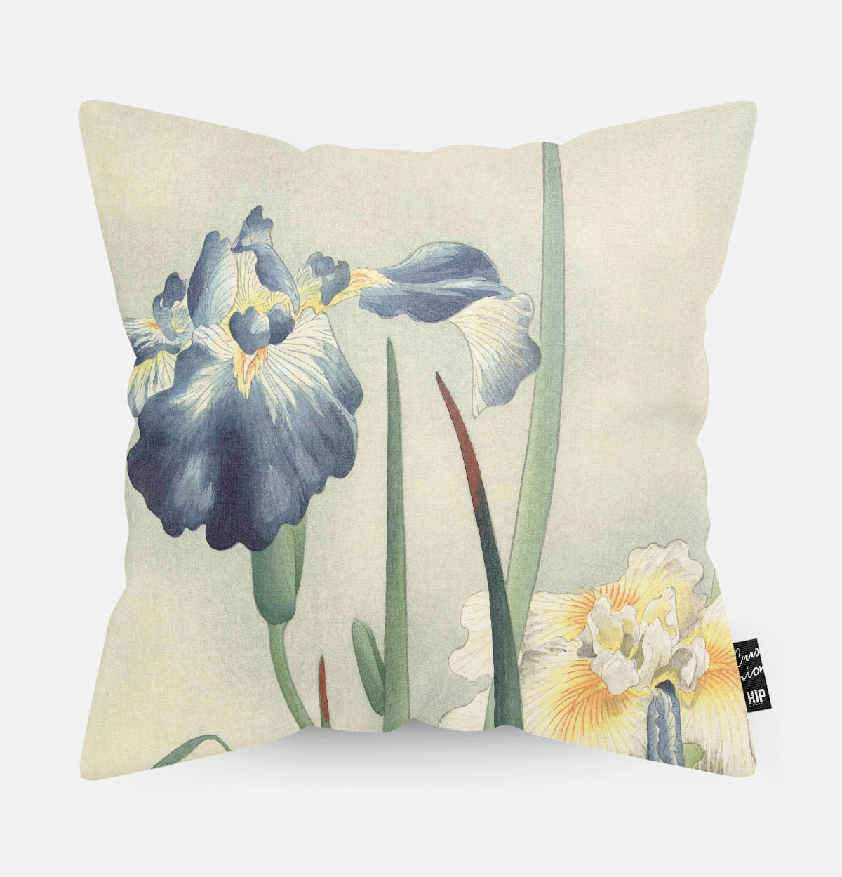 Kussen met de bloem van de Iris erop afgebeeld.