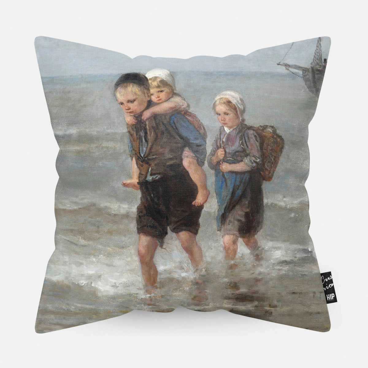 Kussen met schilderij van kinderen in de branding erop afgebeeld.
