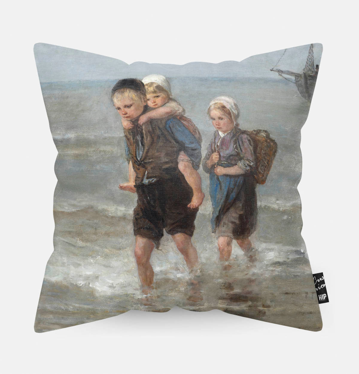 Kussen met schilderij van kinderen in de branding erop afgebeeld.