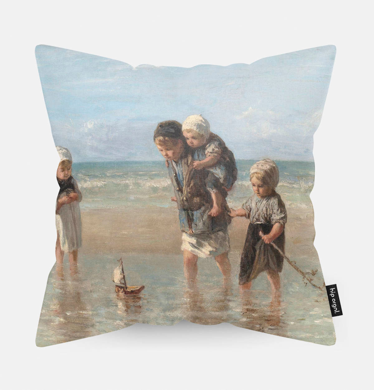 Kussen met schilderij van kinderen der zee erop afgebeeld.