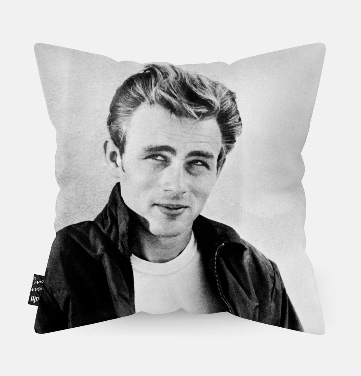 Achterzijde van een sierkussen met een portret van James Dean