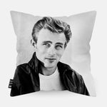 Achterzijde van een sierkussen met een portret van James Dean