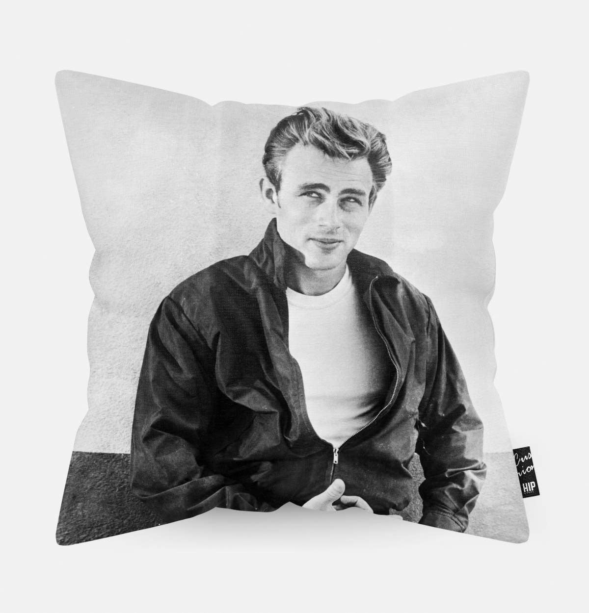 Voorzijde van een sierkussen met een portret van James Dean