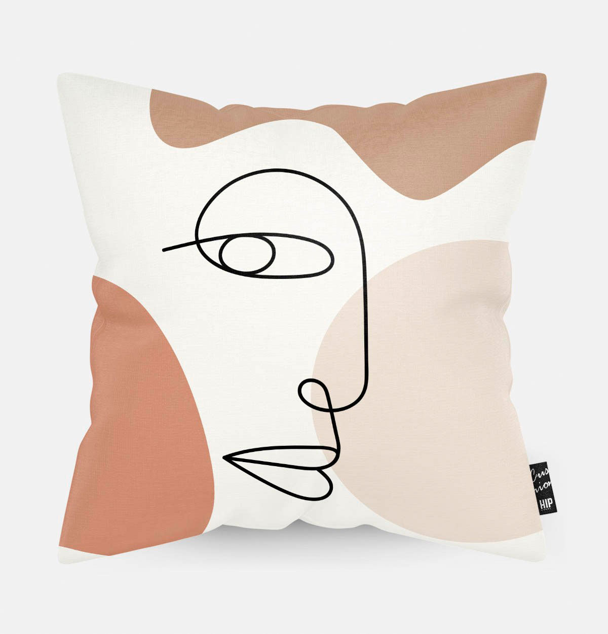 Kussen met line art van een vrouwengezicht met een rollend oog erop.