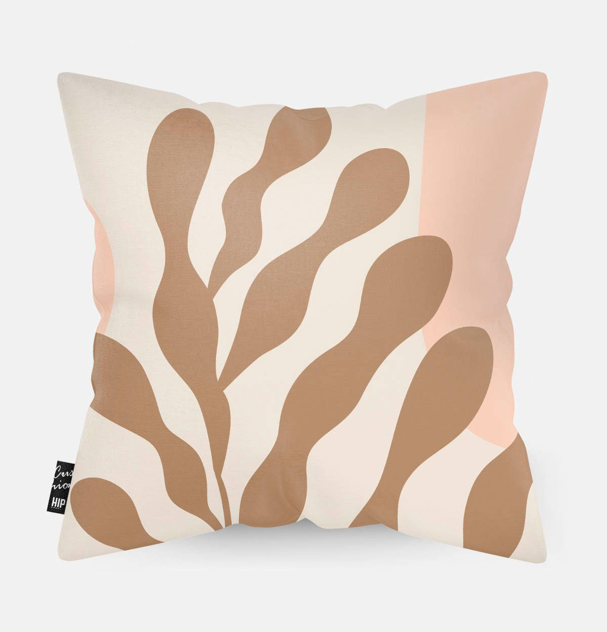Kussen met line art met botanische zeewier erop afgebeeld in abstracte vorm.
