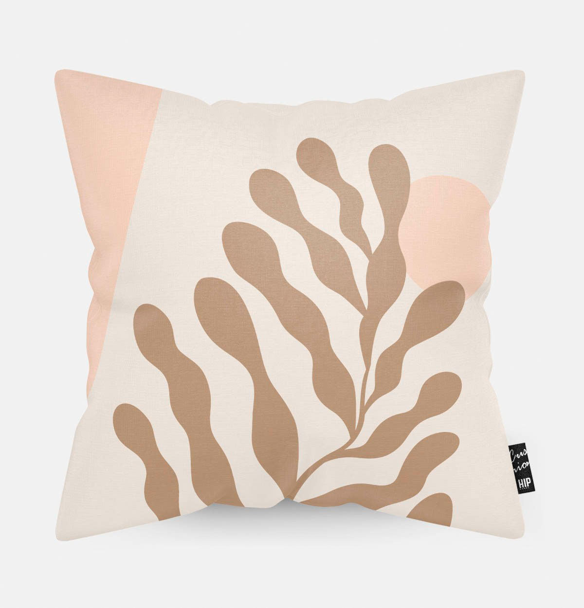 Kussen met line art met botanische zeewier erop afgebeeld in abstracte vorm.