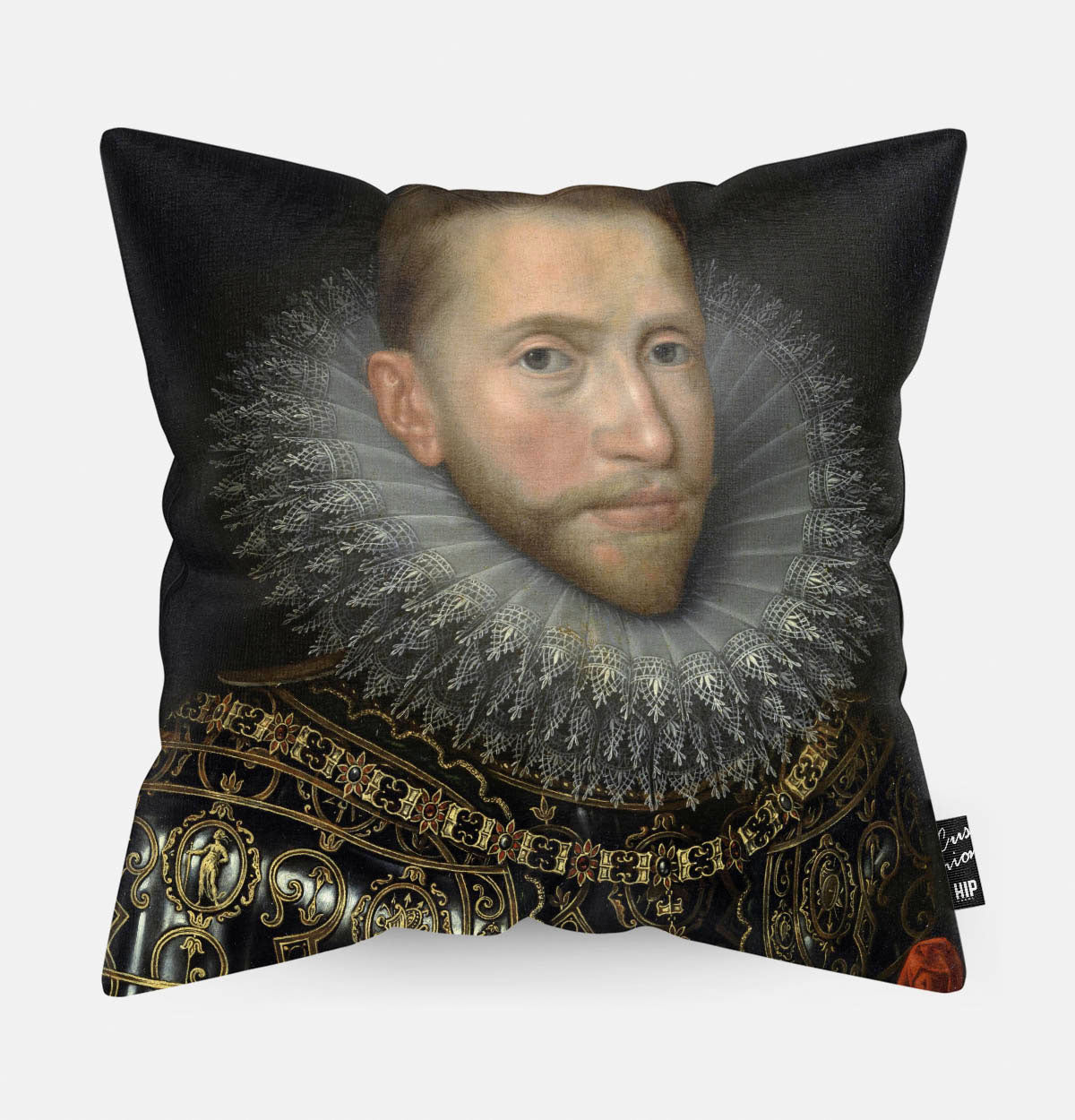 Kussen met schilderij van portret van Albrecht van Oostenrijk erop afgebeeld.