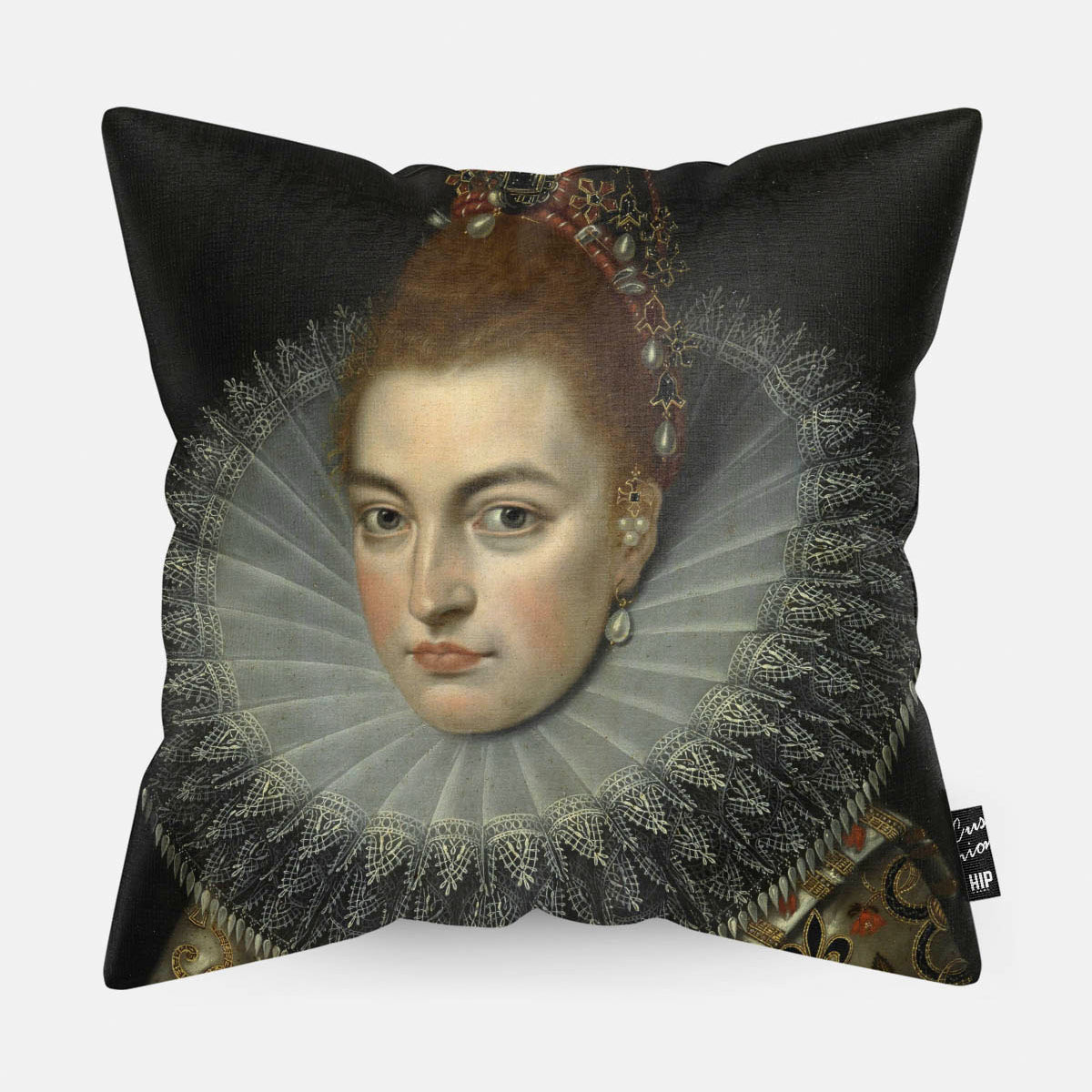 Kussen met schilderij van portret van Isabella Clara Eugenia von Habsburg erop afgebeeld.
