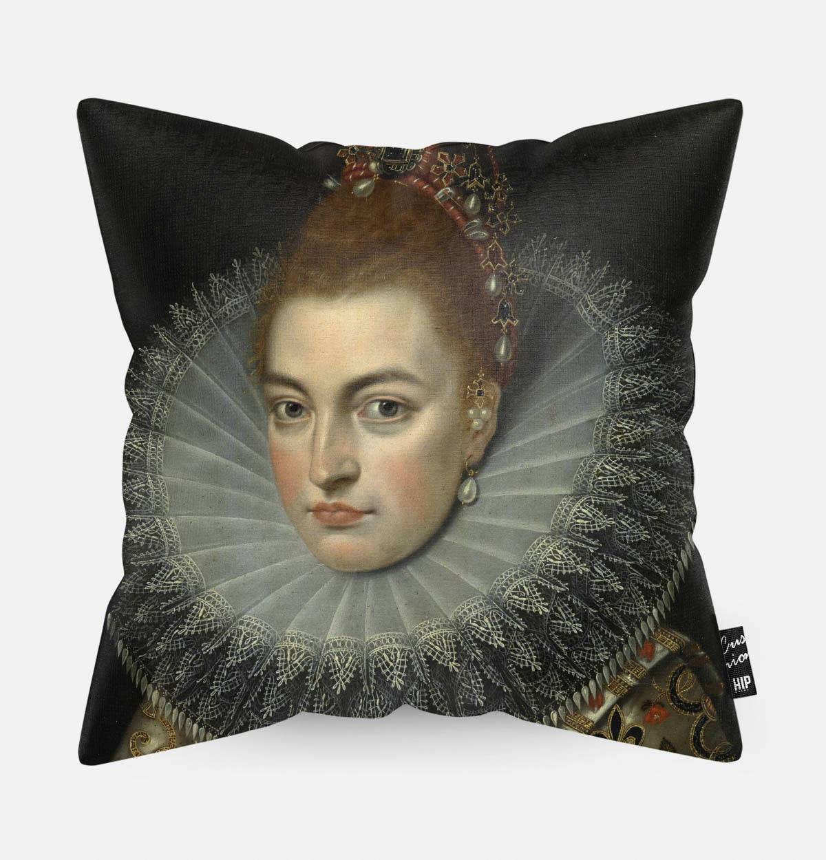 Kussen met schilderij van portret van Isabella Clara Eugenia von Habsburg erop afgebeeld.