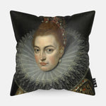 Kussen met schilderij van portret van Isabella Clara Eugenia von Habsburg erop afgebeeld.