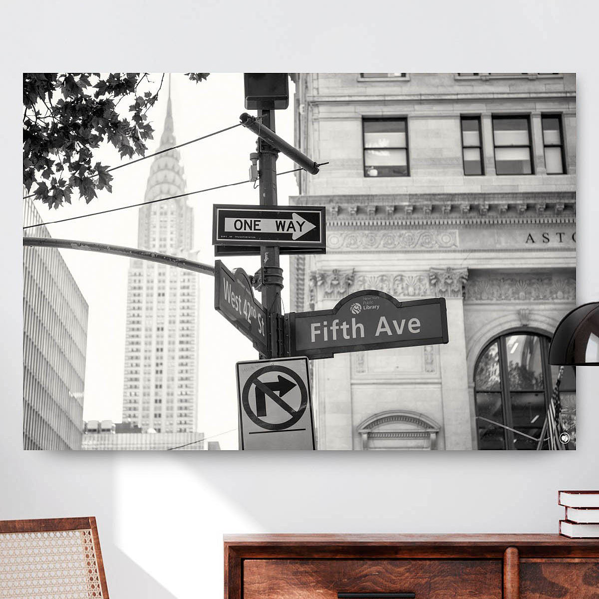 Vierkante wanddecoratie van Fifth Avenue in zwart-wit.