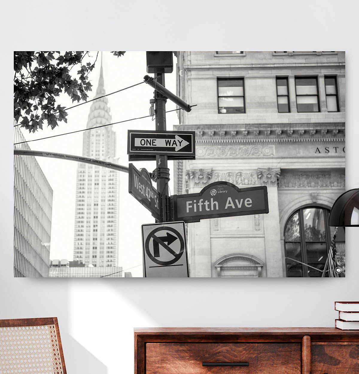 Vierkante wanddecoratie van Fifth Avenue in zwart-wit.