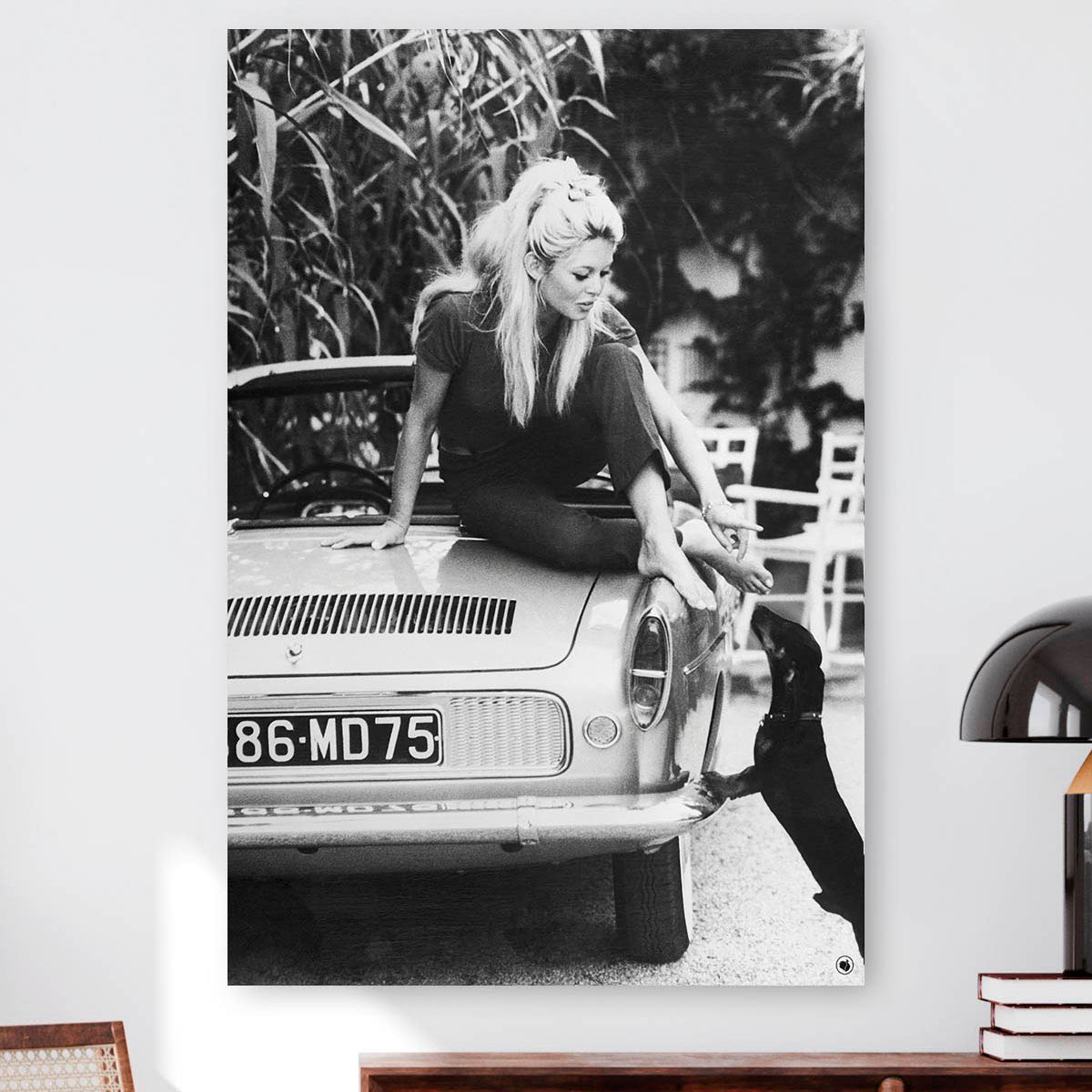 Vierkante wanddecoratie van Brigitte Bardot met een hond afgebeeld.