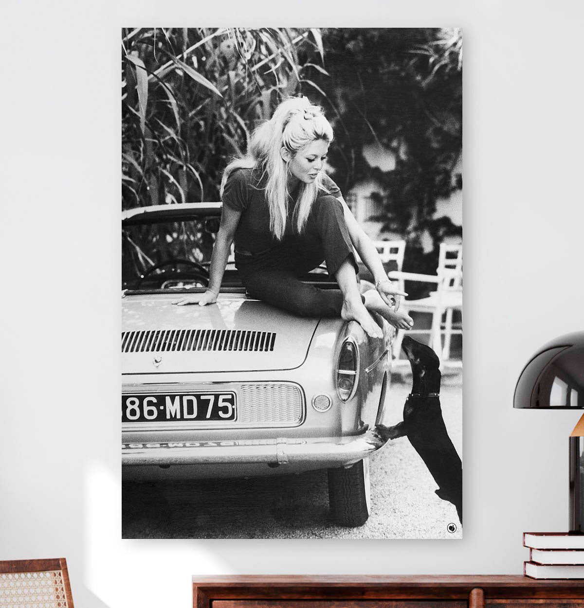 Vierkante wanddecoratie van Brigitte Bardot met een hond afgebeeld.