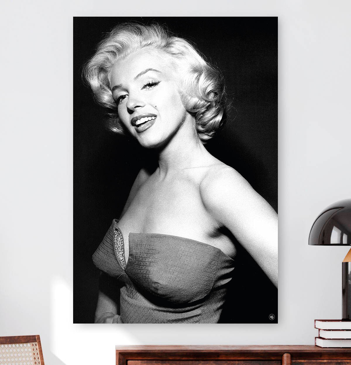Vierkant wanddecoratie van Marylin Monroe in het zwart-wit.