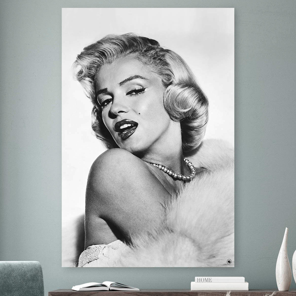 Vierkante wanddecoratie van Marylin Monroe in zwart-wit.