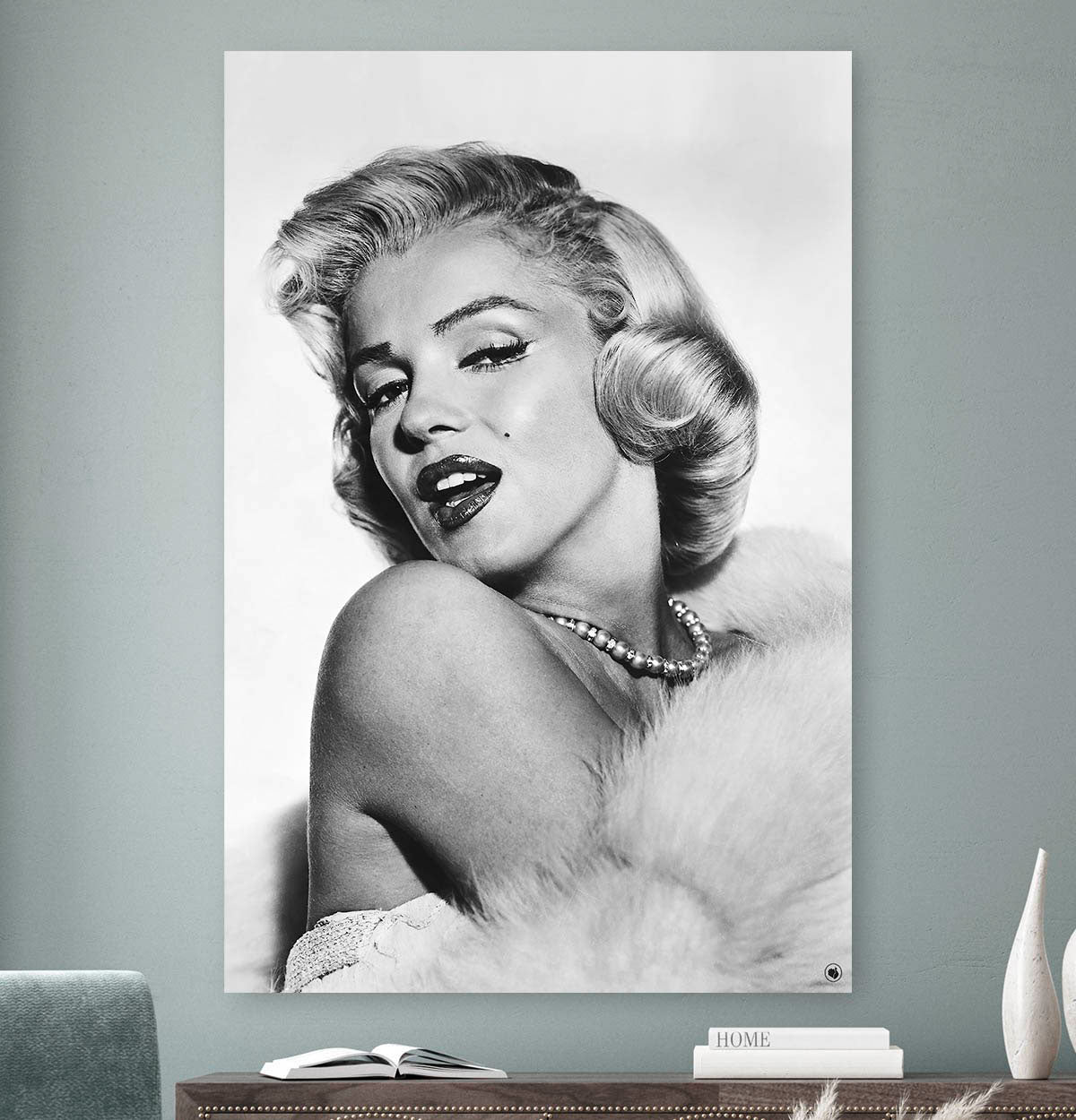 Vierkante wanddecoratie van Marylin Monroe in zwart-wit.