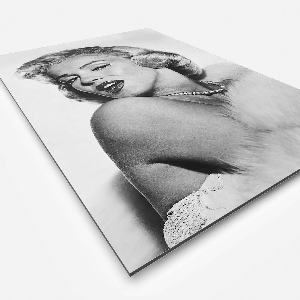 Vierkante wanddecoratie van Marylin Monroe in zwart-wit.