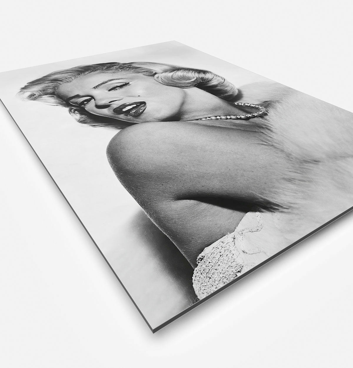 Vierkante wanddecoratie van Marylin Monroe in zwart-wit.