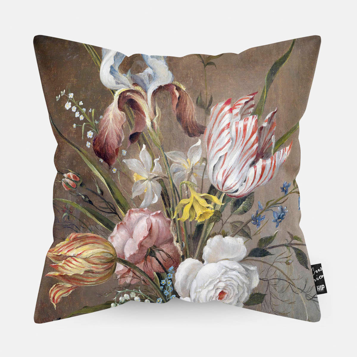 Kussen met schildering van bloemstilleven met porseleinen vaas erop afgebeeld.