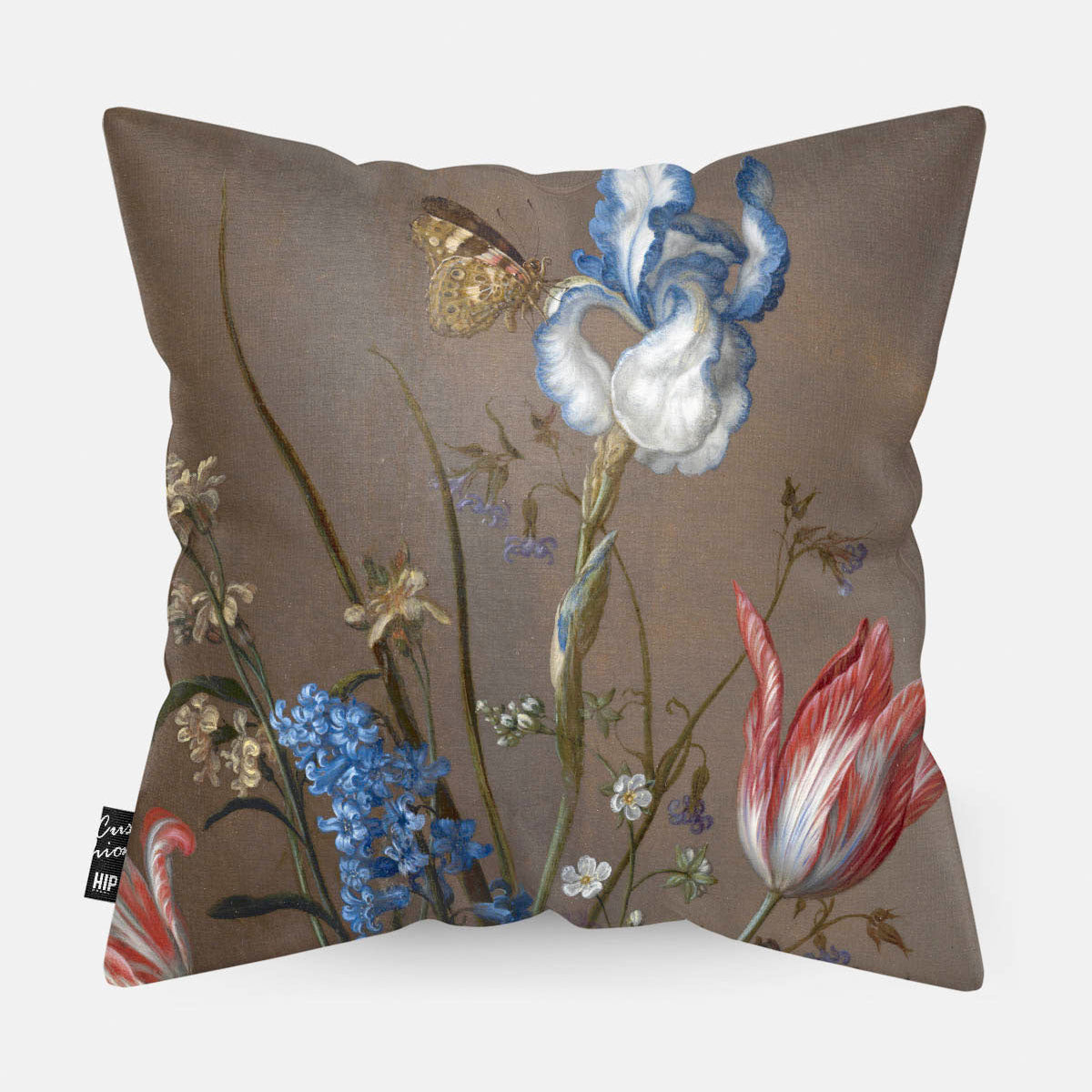 Kussen met schilderij van bloemen in een Wan-Li vaas en schelpen erop afgebeeld in detail.