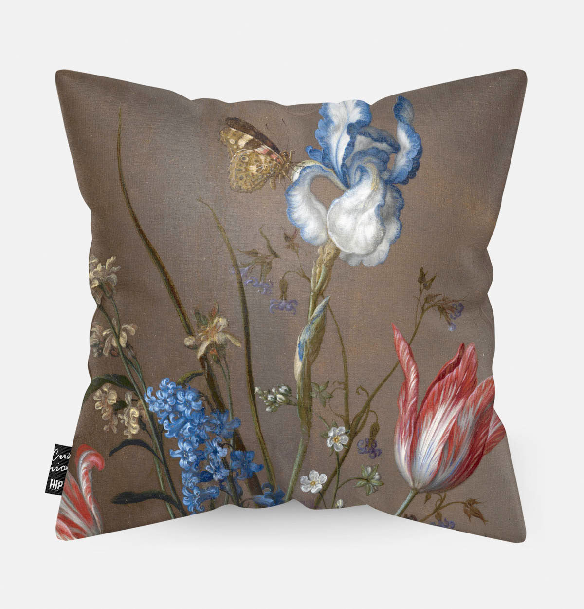 Kussen met schilderij van bloemen in een Wan-Li vaas en schelpen erop afgebeeld in detail.
