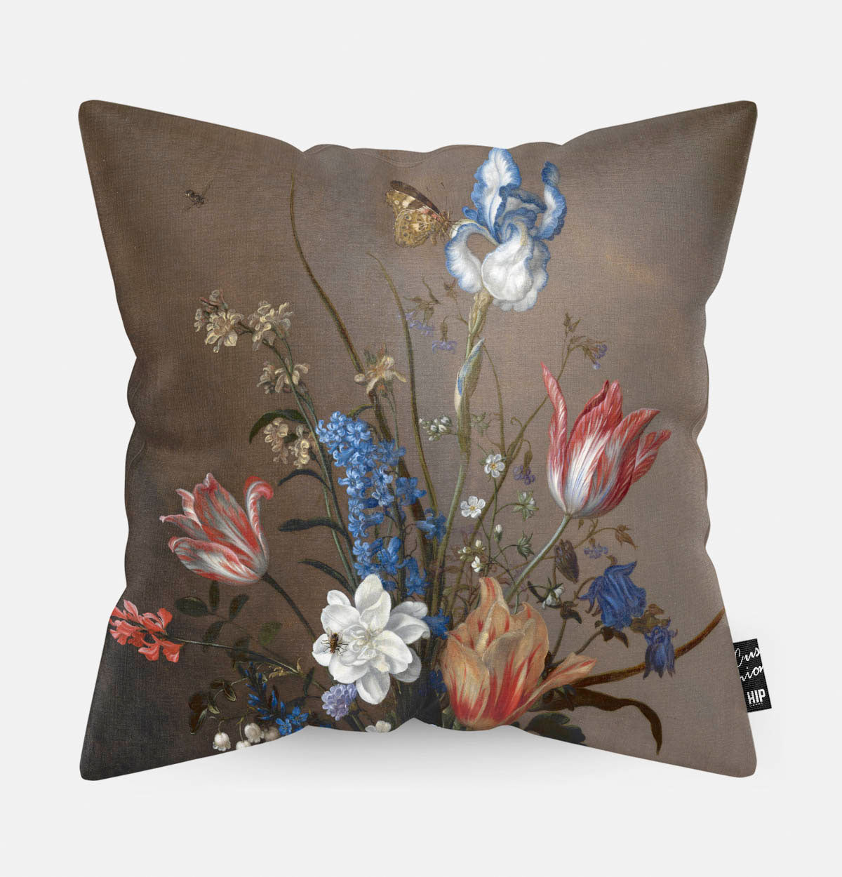 Kussen met schilderij van bloemen in een Wan-Li vaas en schelpen erop afgebeeld.