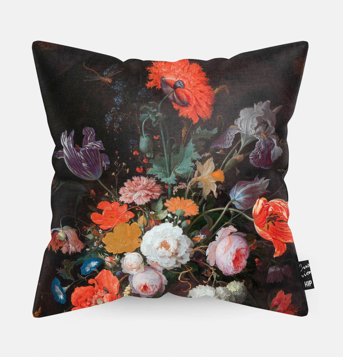 Kussen met schilderij van stilleven met bloemen en een horloge erop afgebeeld.