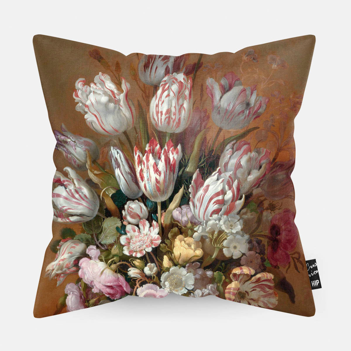 Kussen met schilderij van stilleven met bloemen bollongier erop afgebeeld.