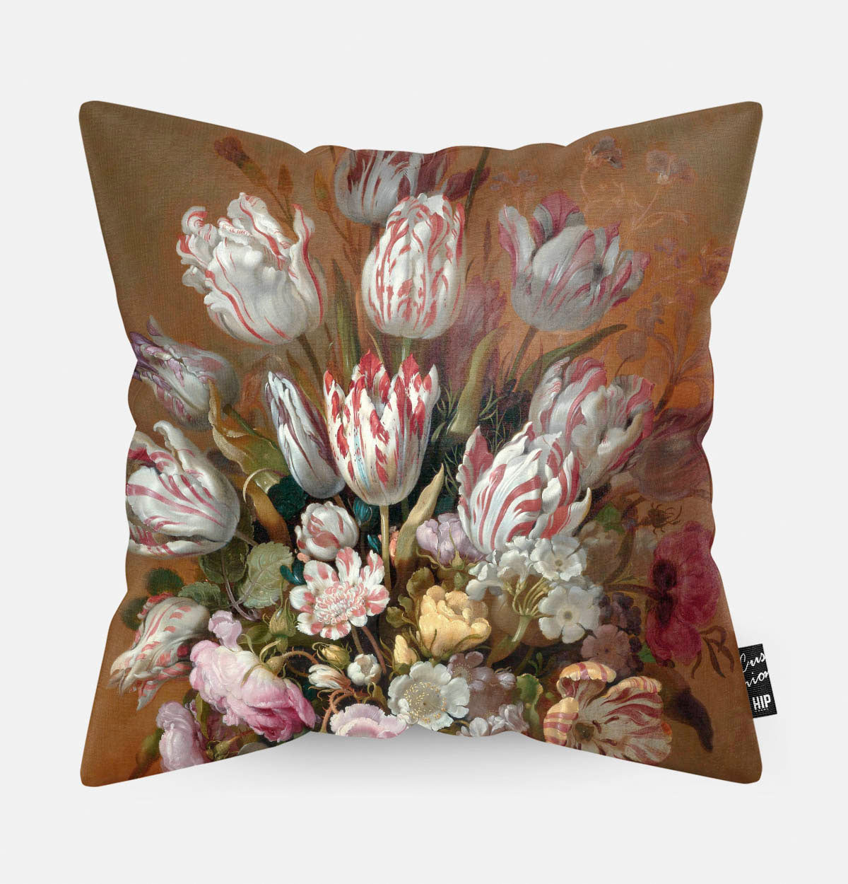 Kussen met schilderij van stilleven met bloemen bollongier erop afgebeeld.