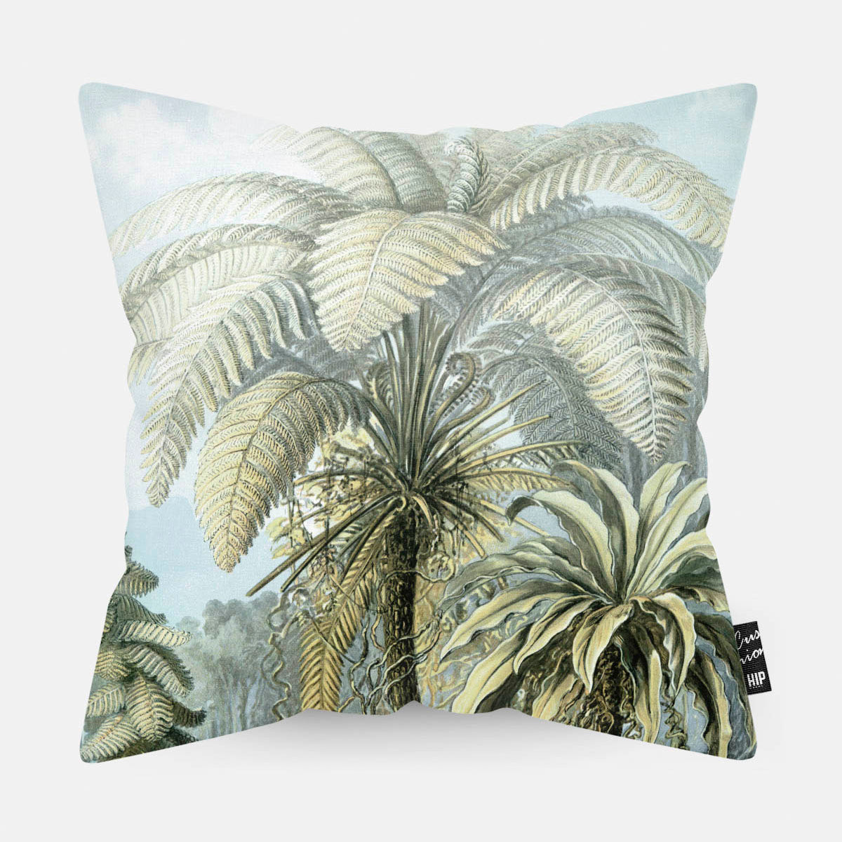 Kussen met een groene palmboom in de jungle erop afgebeeld.