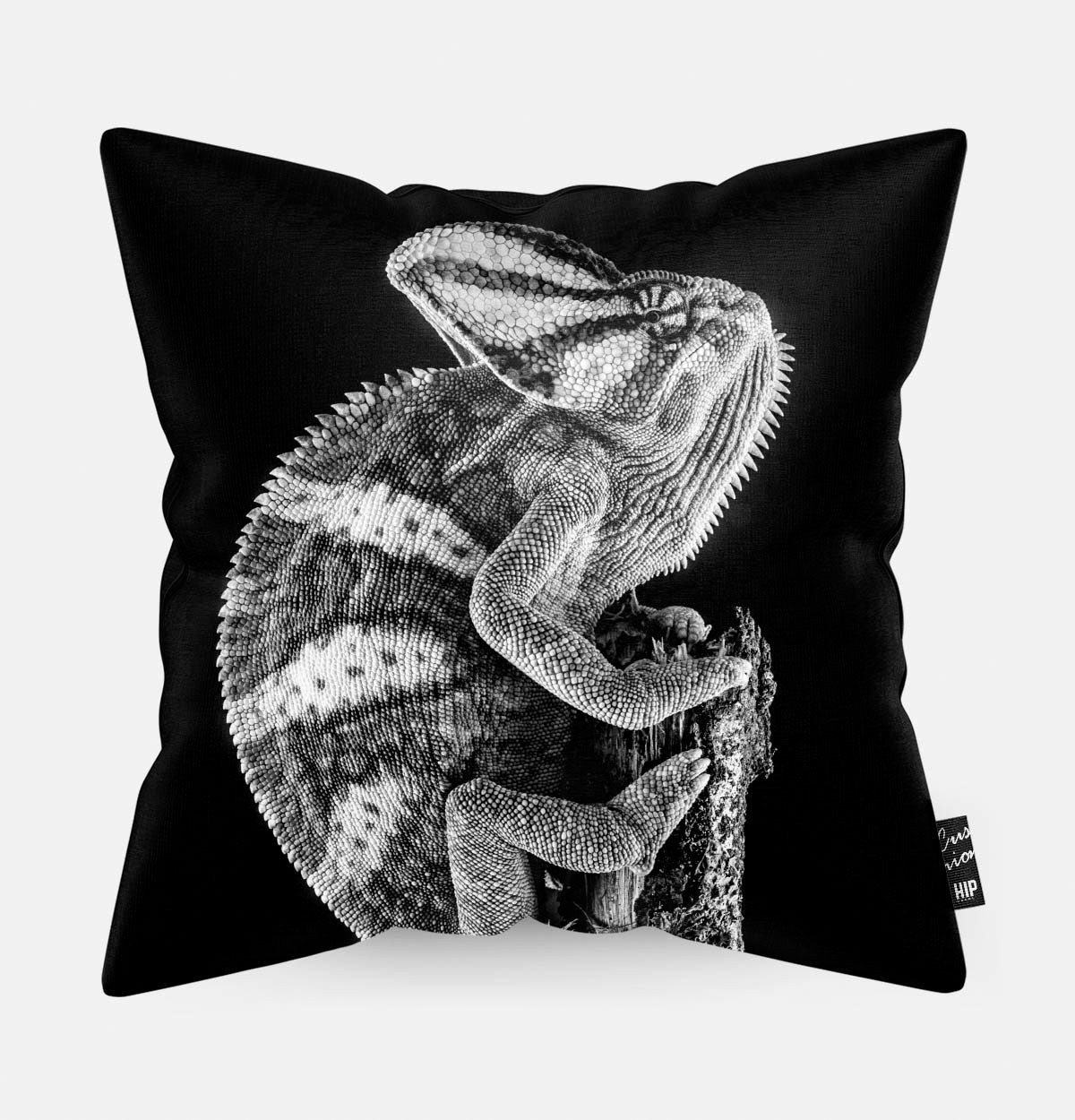 Kussen met een kameleon in zwart-wit erop afgebeeld.