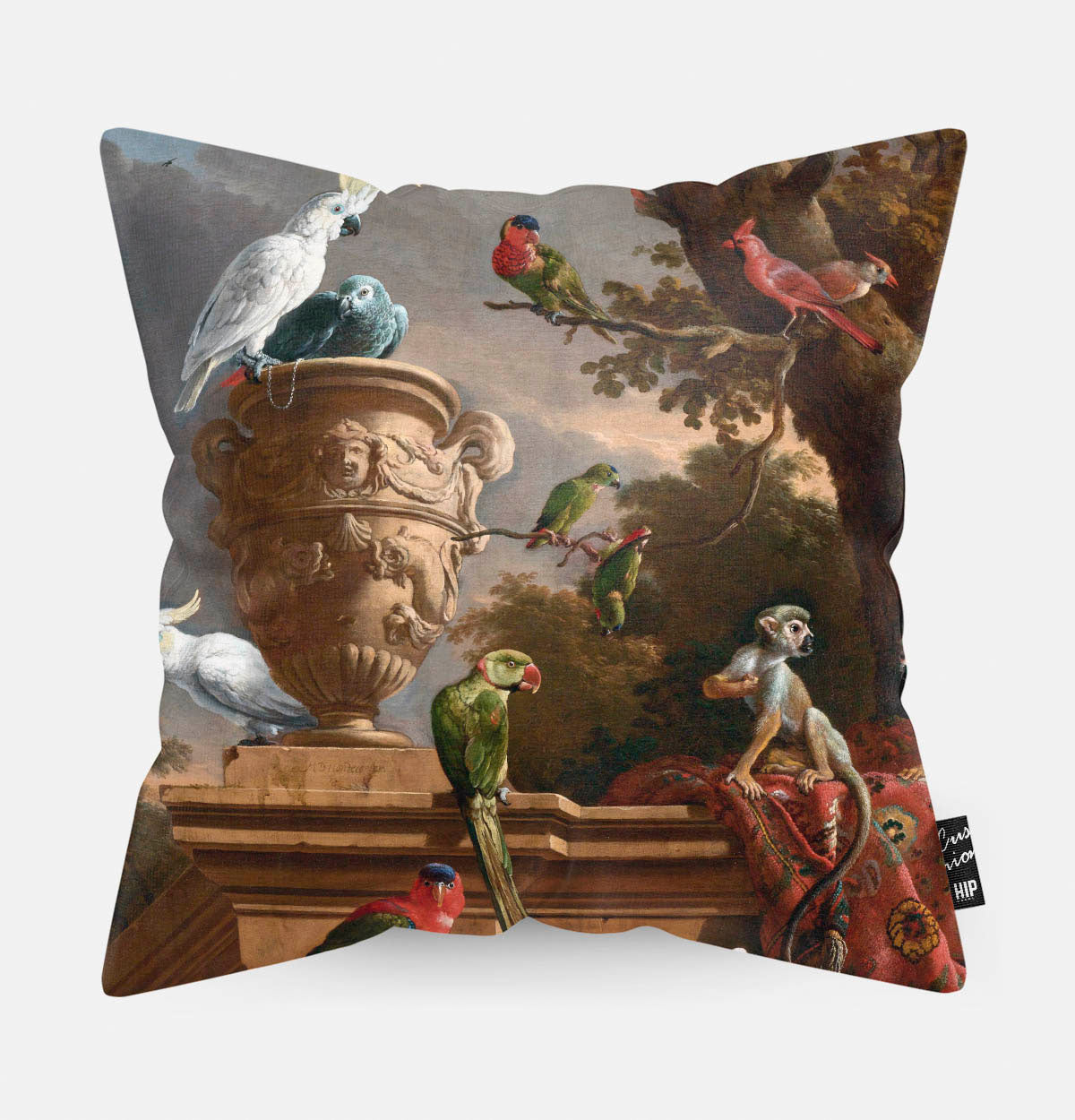 Kussen met schilderij van de Menagerie van verschillende dieren erop afgebeeld.