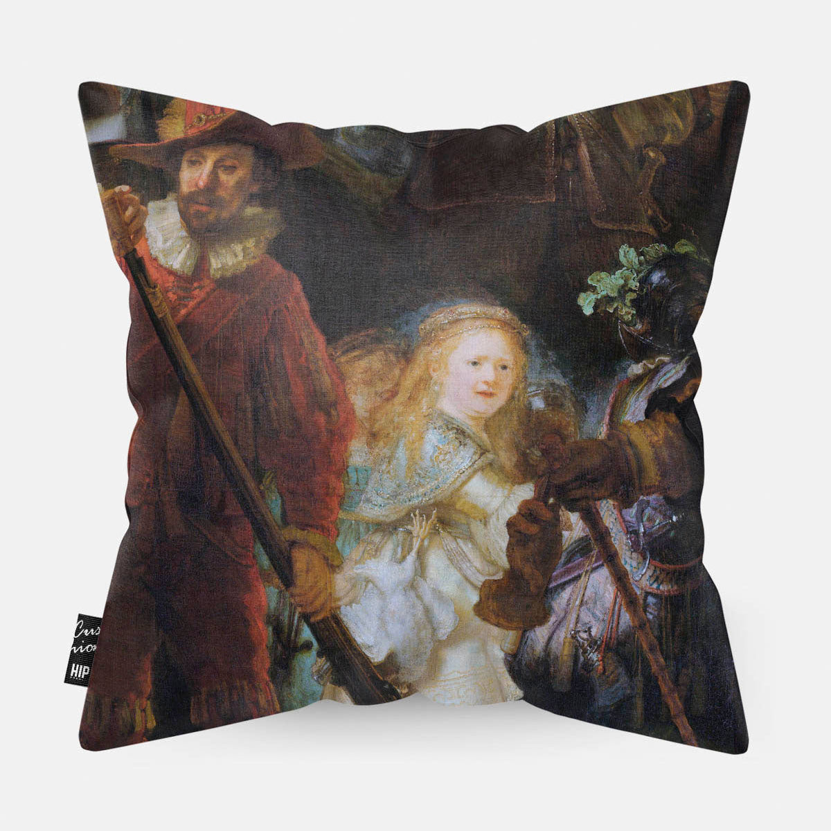 Kussen met geddelte van schilderij de nachtwacht van Rembrandt.