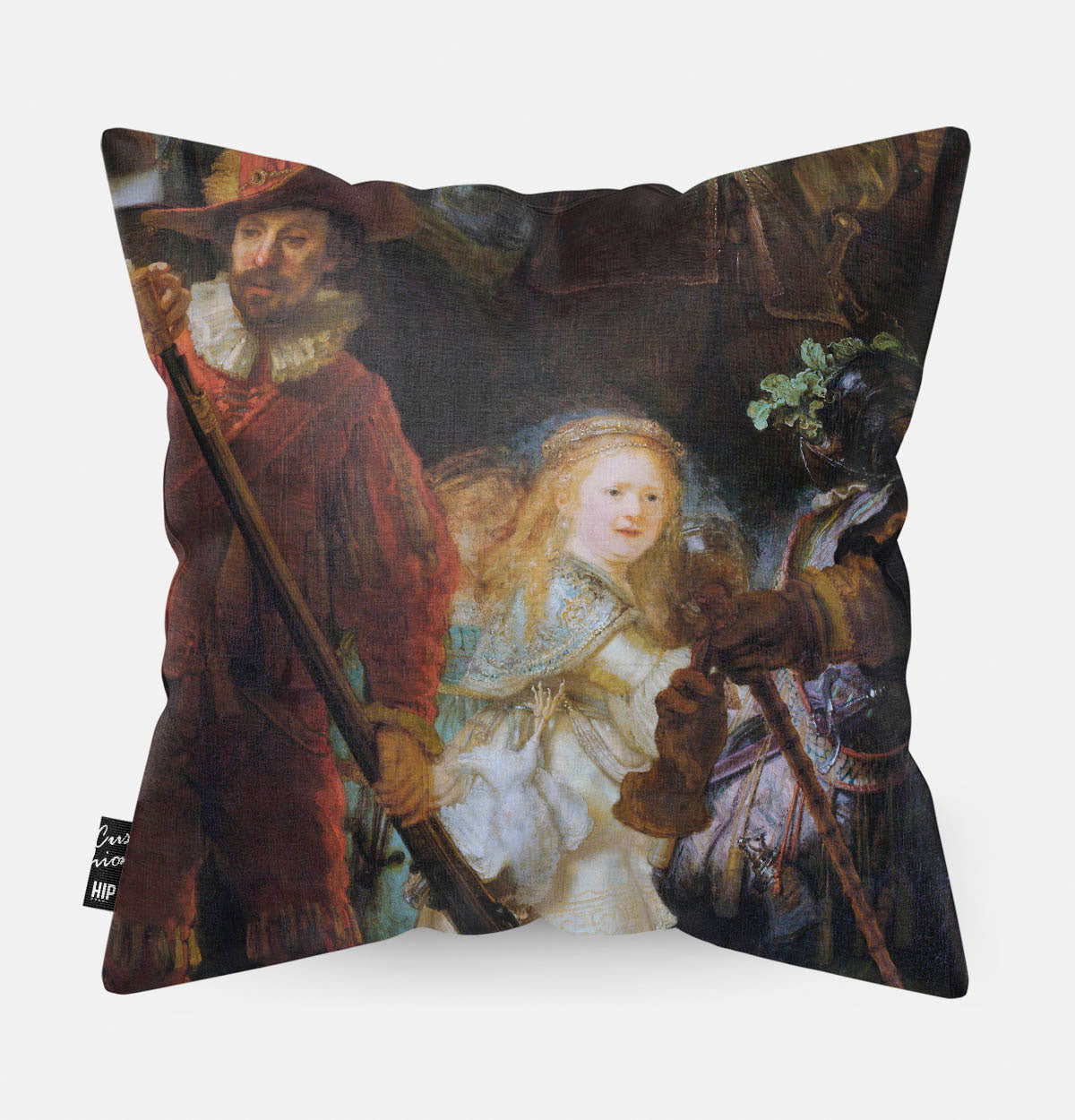 Kussen met geddelte van schilderij de nachtwacht van Rembrandt.