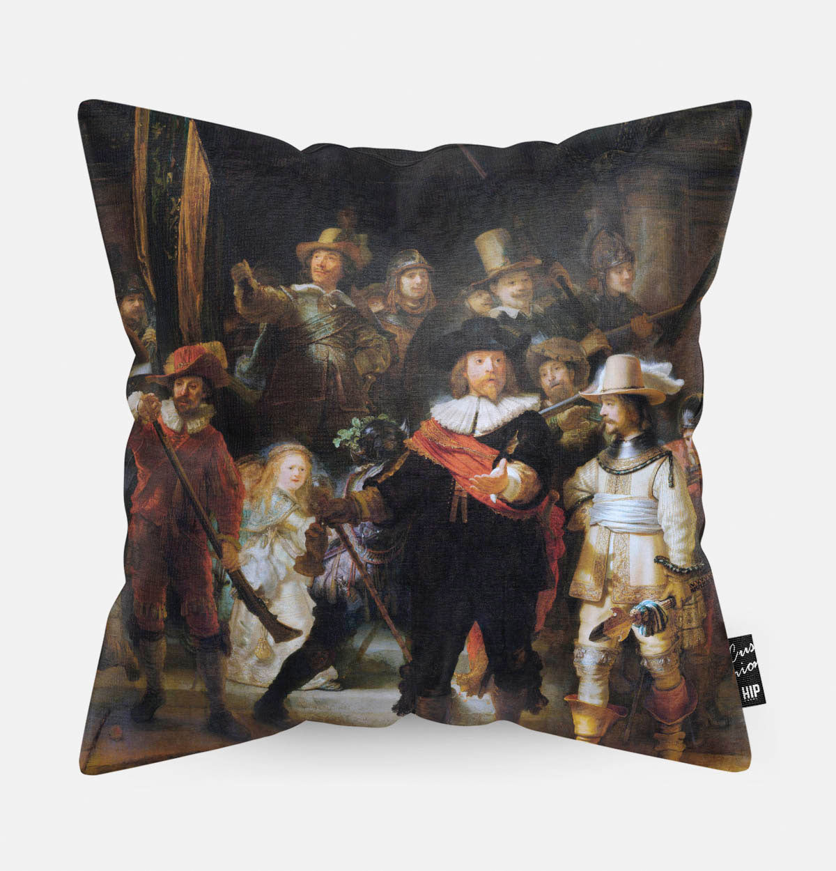 Kussen met schilderij van de nachtwacht erop afgebeeld.