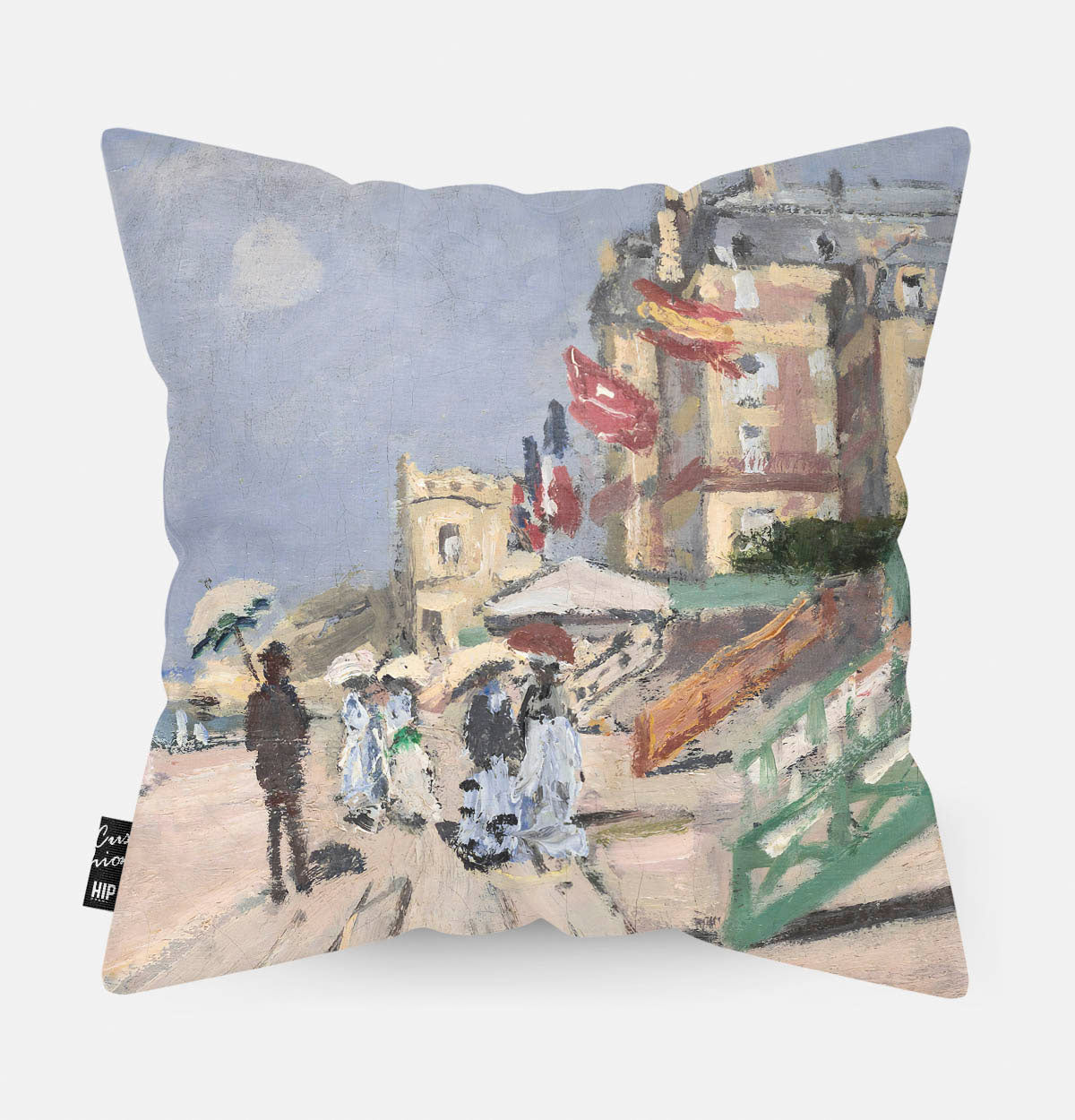 Kussen met schildering van de promenade van Trouville erop afgebeeld.