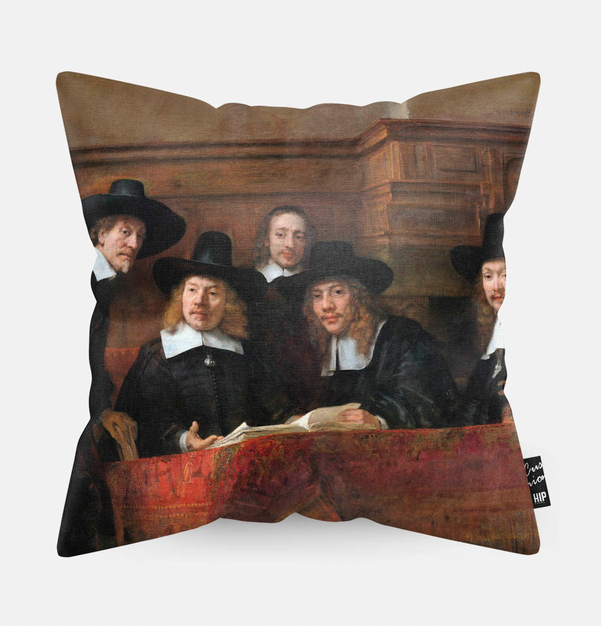 Kussen met schildering van de Staalmeesters erop afgebeeld.