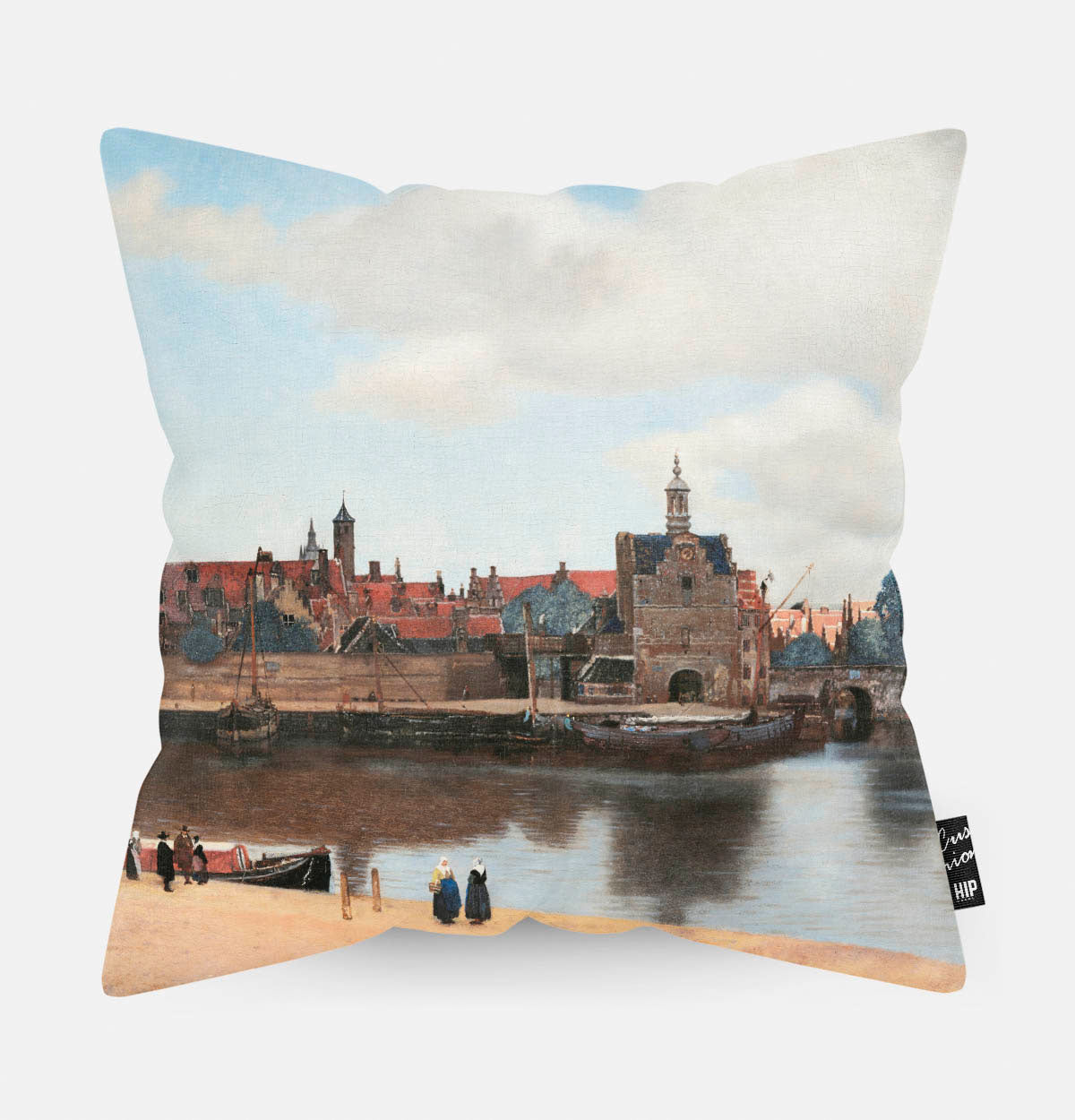 Kussen met schildering van Gezicht op Delft erop afgebeeld.