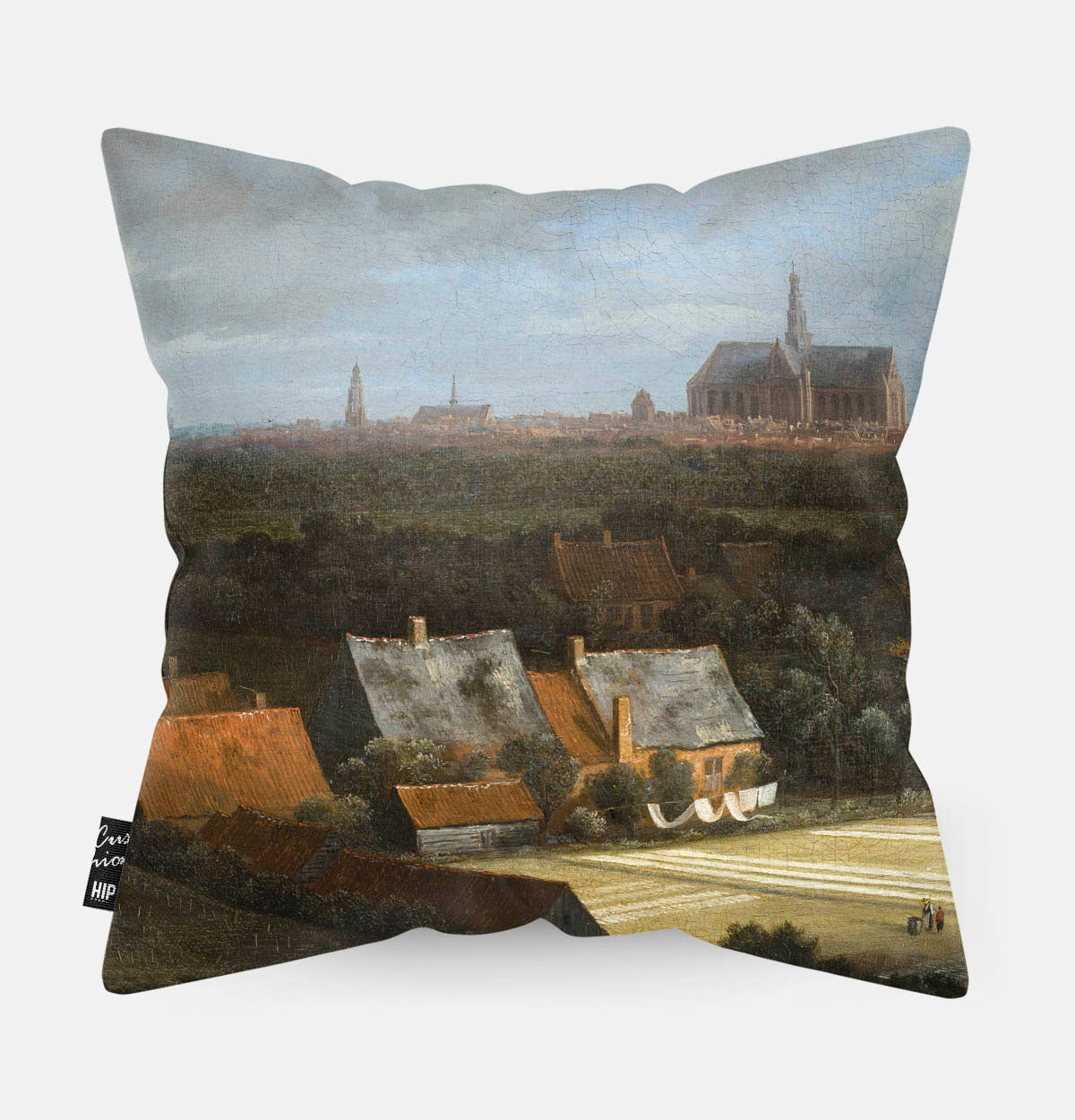 Kussen met schildering van Gezicht op Haarlem met bleekvelden erop afgebeeld.