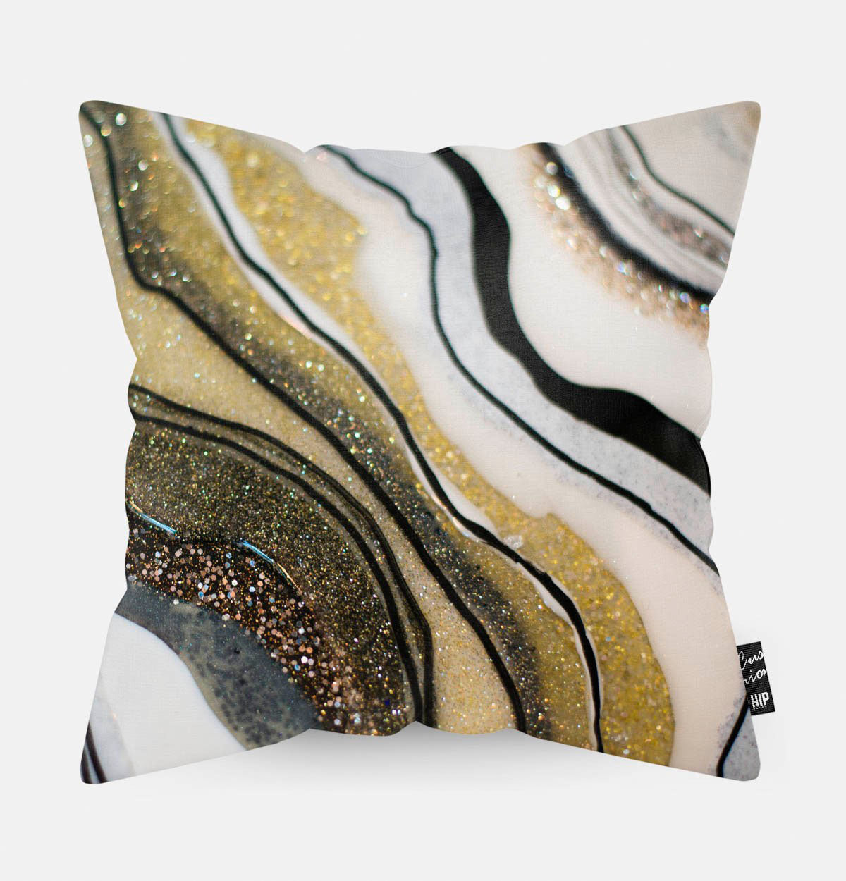 Kussen met gouden agate steen erop afgebeeld.