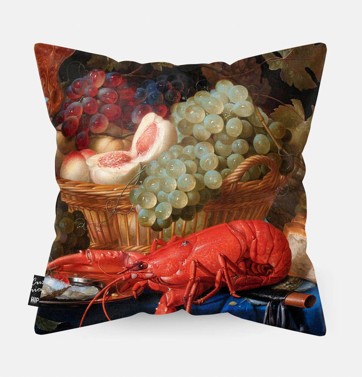 Kussen met schilderij Pronkstilleven met een kreeft en andere producten erop afgebeeld.