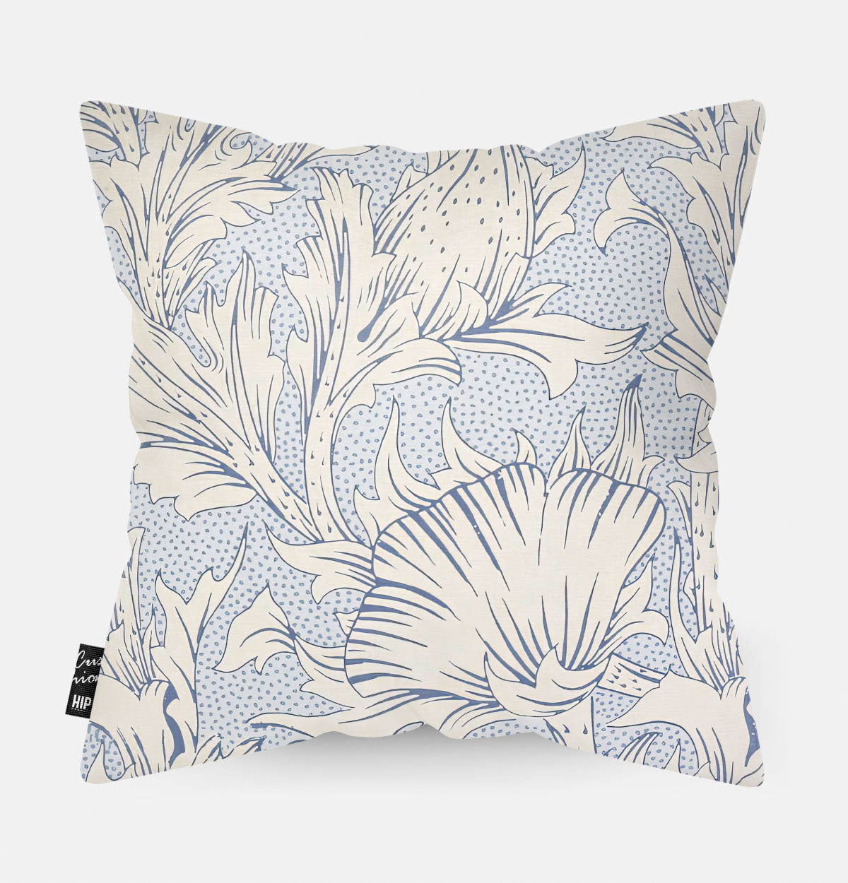 Achterzijde sierkussen met een bloemen patroon en een licht blauwe achtergrond kleur